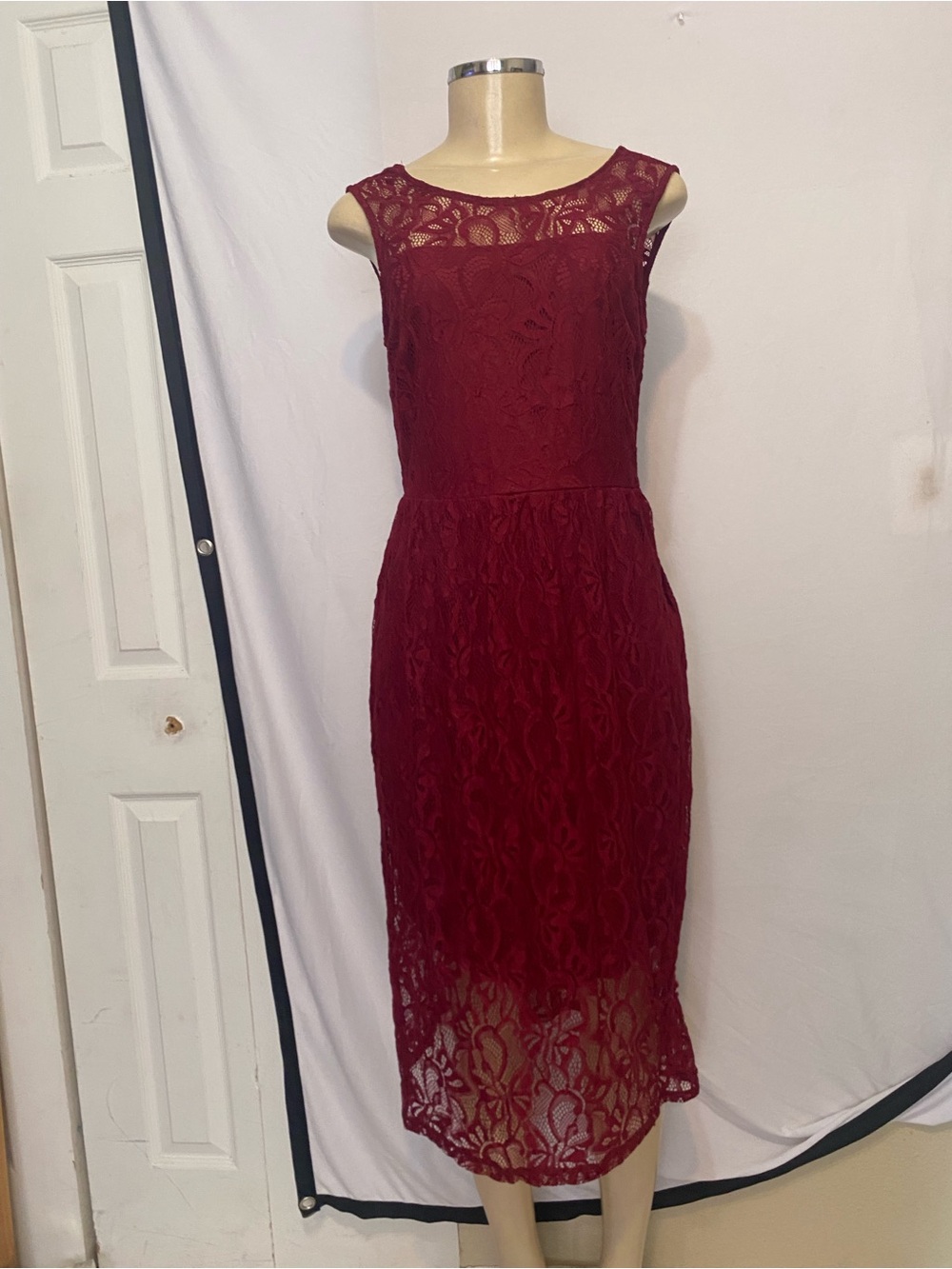 Women's Wine Lace Midi Dress with Sheer Yoke